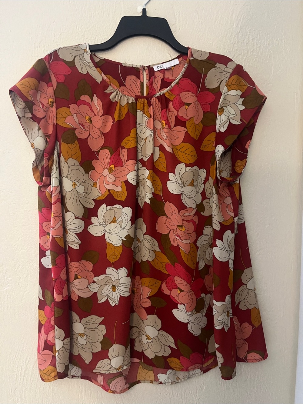 DR2 Burgundy Floral Blouse with Cream & Pink Blooms